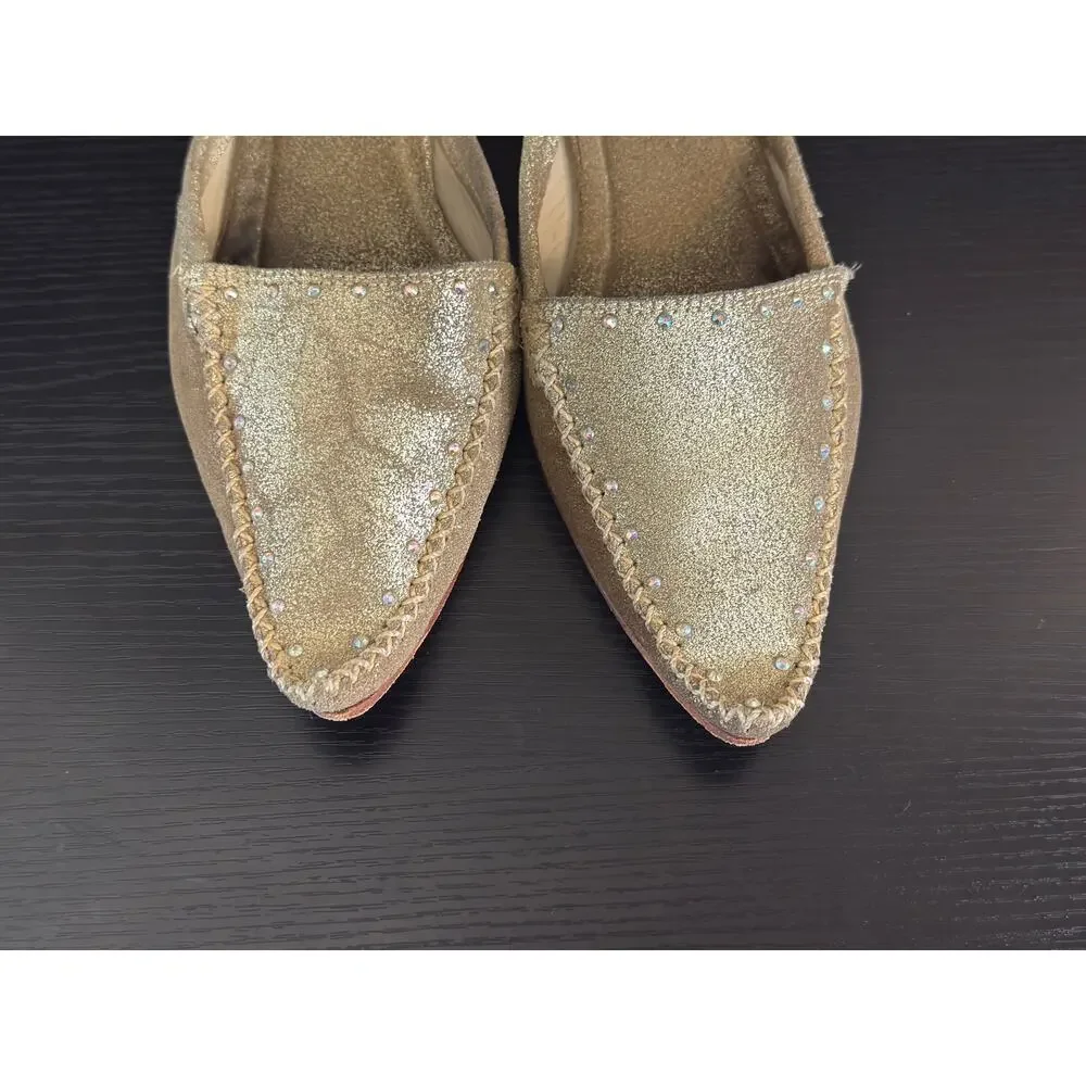 Oliver Addie Khaki Metallic Gold Leather Kitten Heel Mules Size 8 Pointed Toe